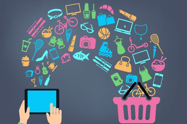 Shopping background concept with icons. shopping online, using a PC, tablet or a smartphone. Can be used to illustrate mobile communication topics or consumerism.